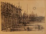 une image représentant un dessin d'un bâtiment avec une tour horloge en arrière-plan