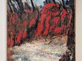 an image of a painting on a white wall with a red umbrella