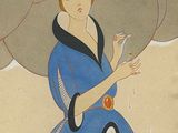 a painting of a woman in a blue dress and hat
