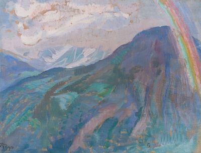 un tableau représentant une montagne avec un arc-en-ciel dans le ciel