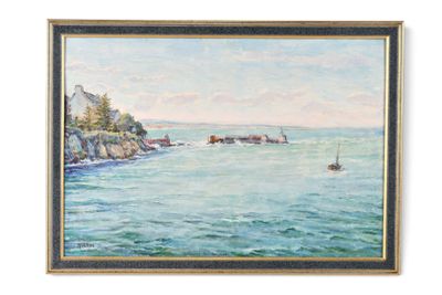 tableau représentant une vue sur l'océan avec un bateau au premier plan