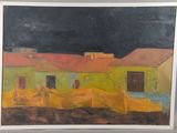an oil painting of a yellow house with a black sky in the background