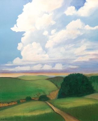 an oil painting of a dirt road going through a green field