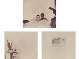 trois photos d'un homme et d'une femme allongés dans un lit avec un chat