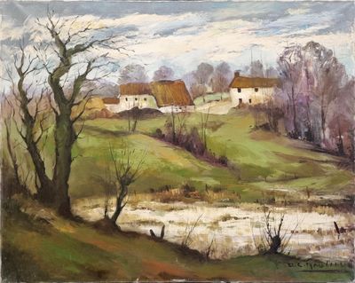 an oil painting of a farm scene with a pond in the foreground