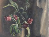 a painting of flowers in a vase on a window sill