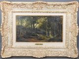 une peinture à l'huile représentant une scène boisée avec des arbres au premier plan