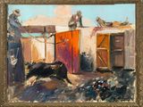 an oil painting of a man standing next to a cow in a barn