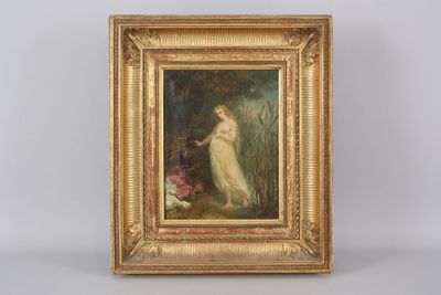 a painting of a woman in a white dress in a gold frame