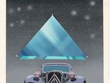 a painting of an old car with a pyramid on top of it