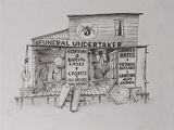 pencil drawing of a store with a sign that says funeral undertaker