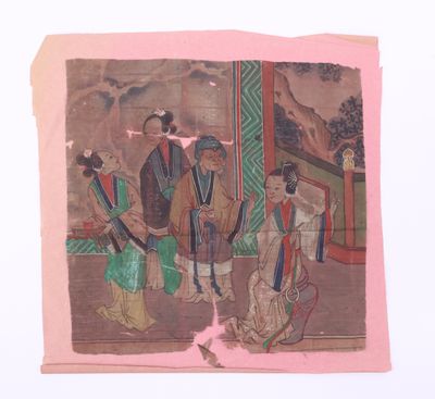 Soie peinte figurant quatre femmes dans un intérieur ouvert …