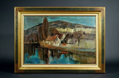 une peinture à l'huile représentant un bateau dans un port, avec une montagne en arrière-plan