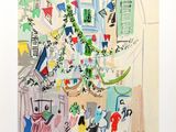 une image représentant un tableau illustrant une scène de rue avec des drapeaux et des guirlandes