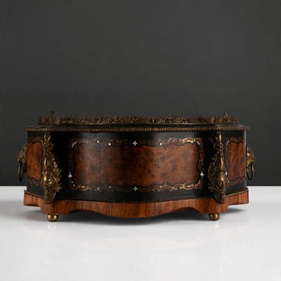 an image of a wooden table with a black top and gold accents