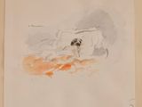 drawing of a dog laying down on a bed with a blanket