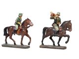 two figurines of men riding horses on a white background