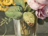 a painting of flowers in a glass vase on a ledge