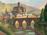 peinture représentant un tableau d'un château situé sur un pont enjambant un plan d'eau