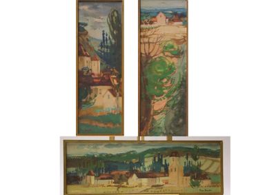 two paintings of a village and a village with a church in the background