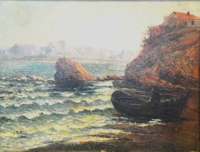 un tableau représentant un bateau sur l'eau près d'une falaise