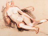 drawing of a nude woman sitting on a chair with her legs crossed