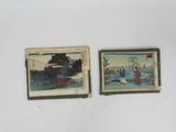 two paintings on the wall of a room with a white wall