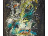 abstract painting of a vase of flowers on a black background