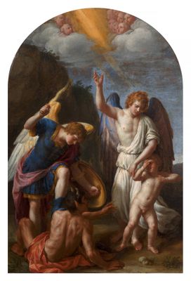 une image représentant un tableau mettant en scène des anges et des démons dans un paysage