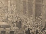 a drawing of a large group of people standing in front of a building