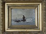 tableau représentant un homme et un chien dans la neige, avec un traîneau