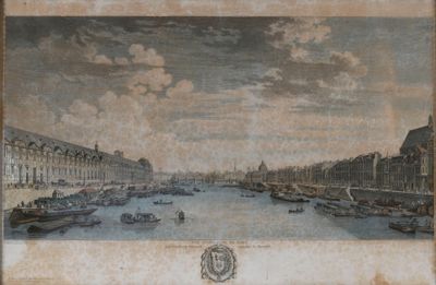 tableau représentant une vue sur une rivière avec des bateaux