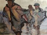 painting of a group of people walking on a beach holding surfboards