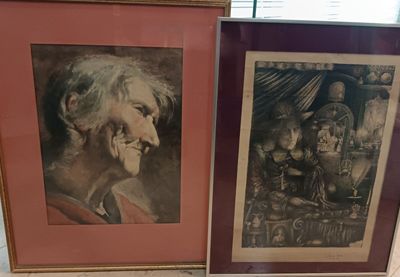 Lot de 2 pièces encadrées : dessin figurant un portrait (por…