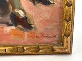 an oil painting of a woman sitting on a chair in a room