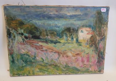 an oil painting of a landscape with a house in the distance