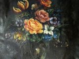 a painting of flowers in a glass vase on a table