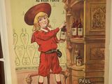 affiche représentant un garçon vêtu d'une tenue rouge tenant une bouteille de vin devant une armoire en bois