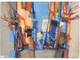 peinture abstraite d'une scène de rue avec un bâtiment bleu et des arbres orange
