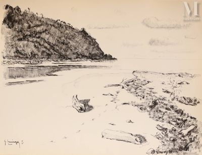 dessin représentant un bateau au bord d'un lac, avec une montagne en arrière-plan