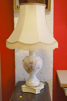 a lamp that is sitting on a table in a room
