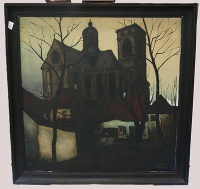 an image of a painting of a building with a car parked in front of it
