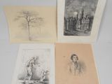 quatre vieux dessins en noir et blanc représentant un homme et une femme