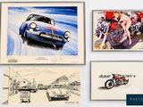 three framed pictures of a car and a motorcycle on a wall