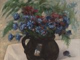 a painting of a vase of flowers on a table