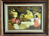 an oil painting of two women in a park by a river