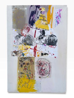 abstract painting of various types of artwork on a white surface