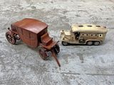 two toy cars that are sitting next to each other