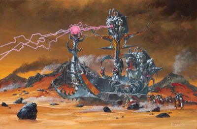 a painting of a man riding on a boat in the desert