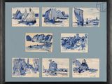 sketches of boats in blue and white on a blue background